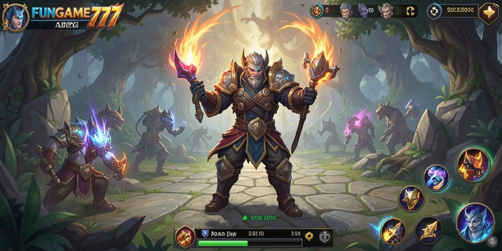 Screenshot gameplay FUNGame777 menampilkan aksi pertarungan epik dan karakter yang dinamis.