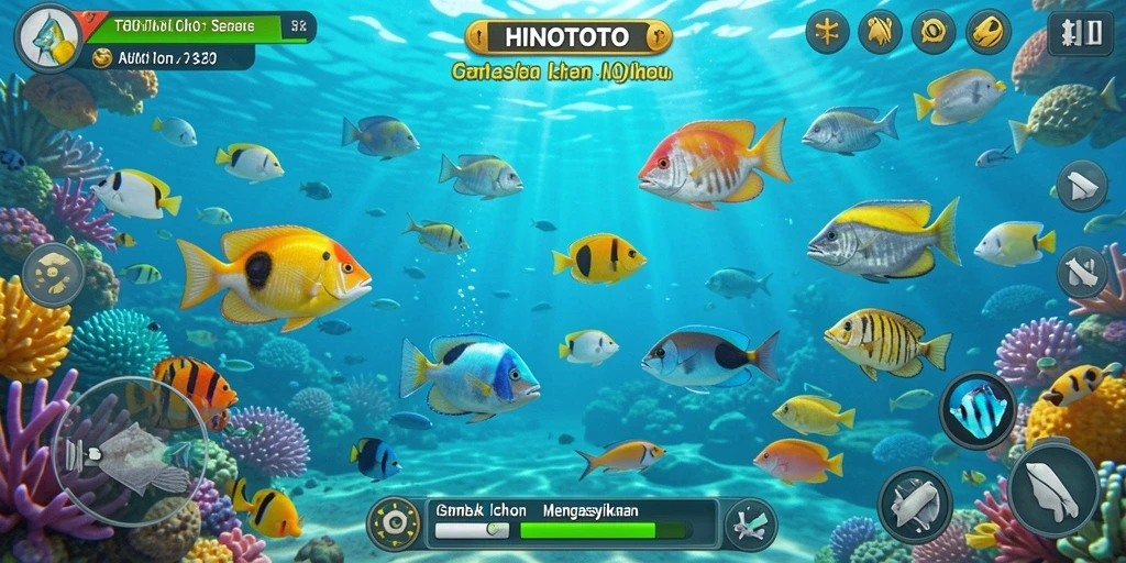 Tangkapan layar HINOTOTO dengan gameplay tembak ikan yang seru.