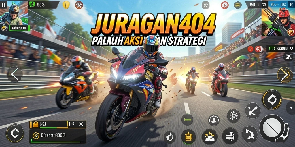 Tangkapan layar utama JURAGAN404 menunjukkan aksi balapan motor yang seru.
