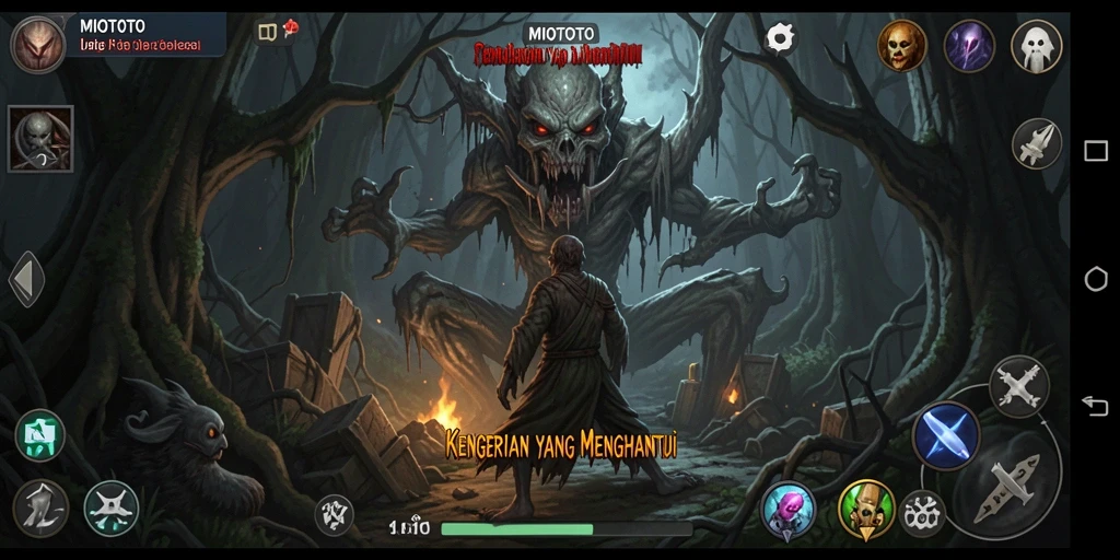 Screenshot gameplay MIOTOTO yang memperlihatkan suasana horror yang menegangkan.