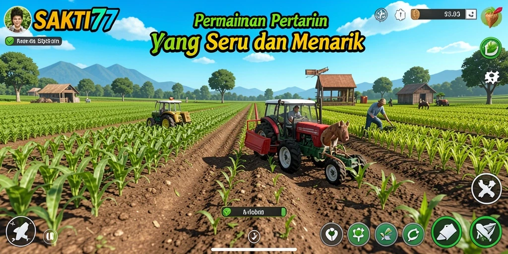 Screenshot gameplay SAKTI77 menampilkan ladang yang subur dan hewan ternak.